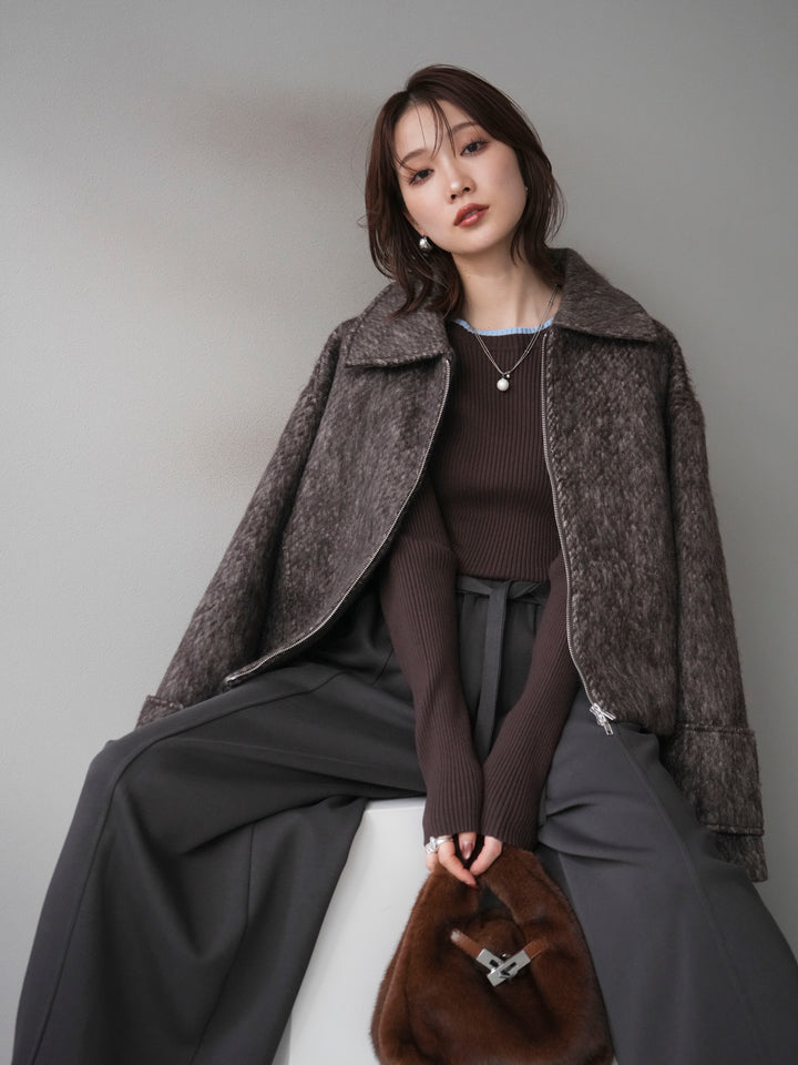 [予約]袖ビックループシャギージップブルゾン/brown