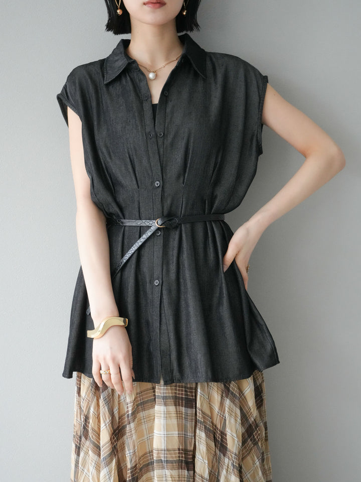 【預訂】天絲牛仔收腰無袖上衣/黑色