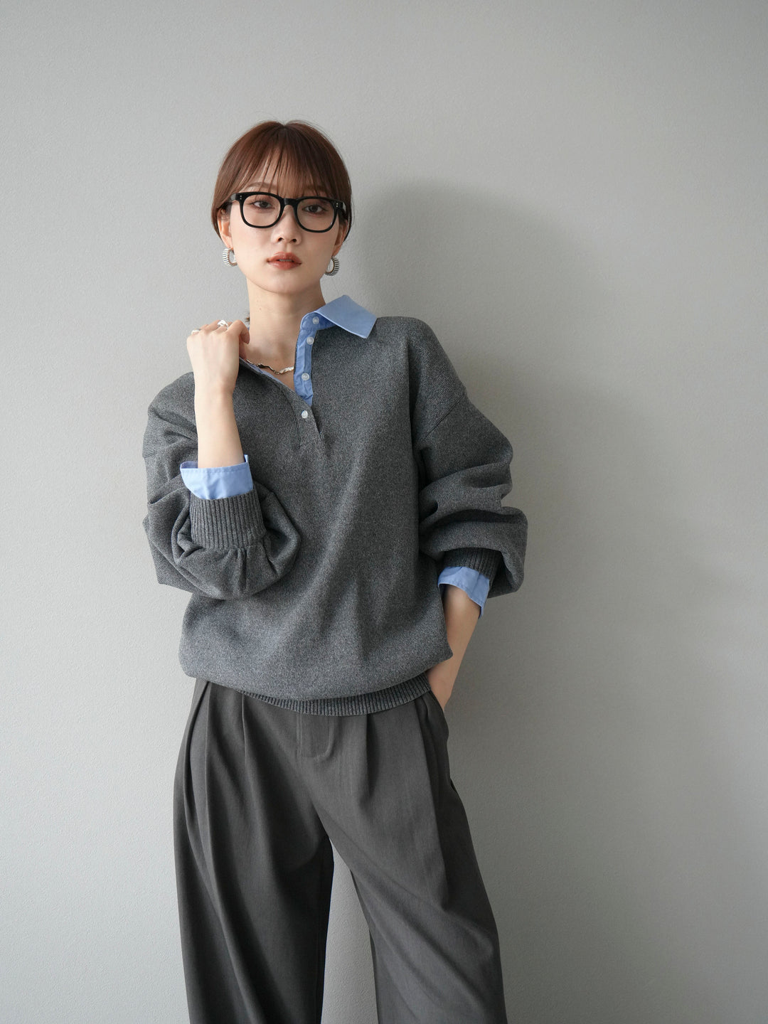 【SET】翻領polo針織套衫+雙褶闊腿褲（2件組）