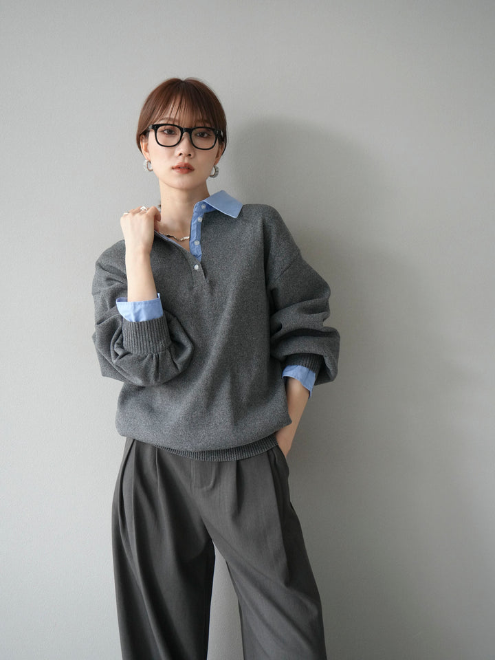 【SET】翻領polo針織套衫+雙褶闊腿褲（2件組）