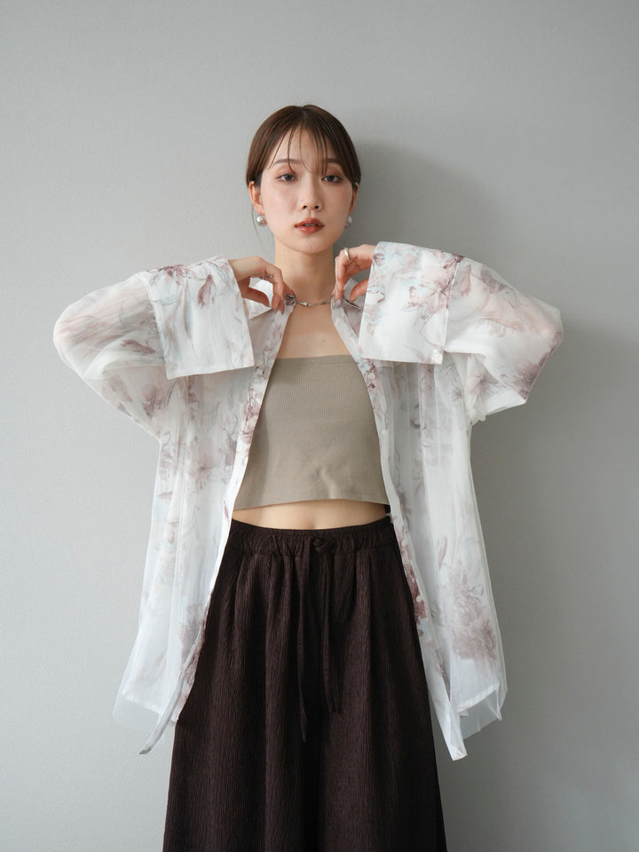 [予約]チュールドッキングフラワー柄オーバーサイズシャツ/オフ