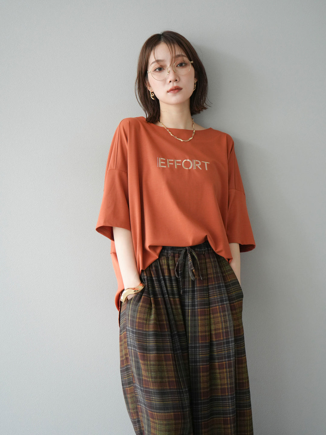 [予約]異素材メタリックロゴ刺繍×プリントTシャツ/オレンジ