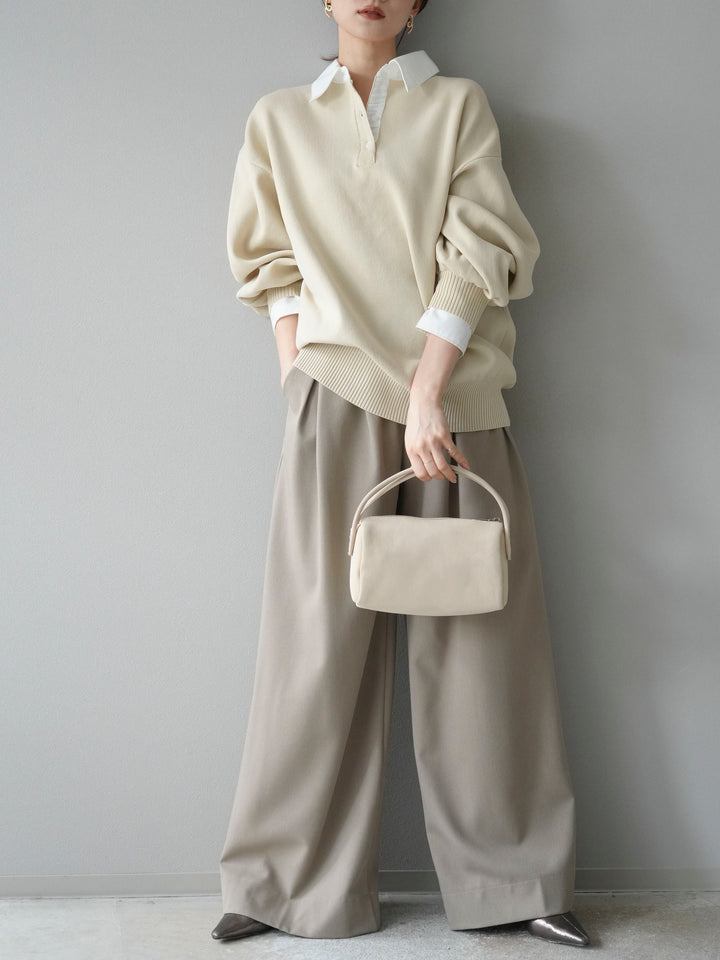 【SET】翻領polo針織套衫+雙褶闊腿褲（2件組）