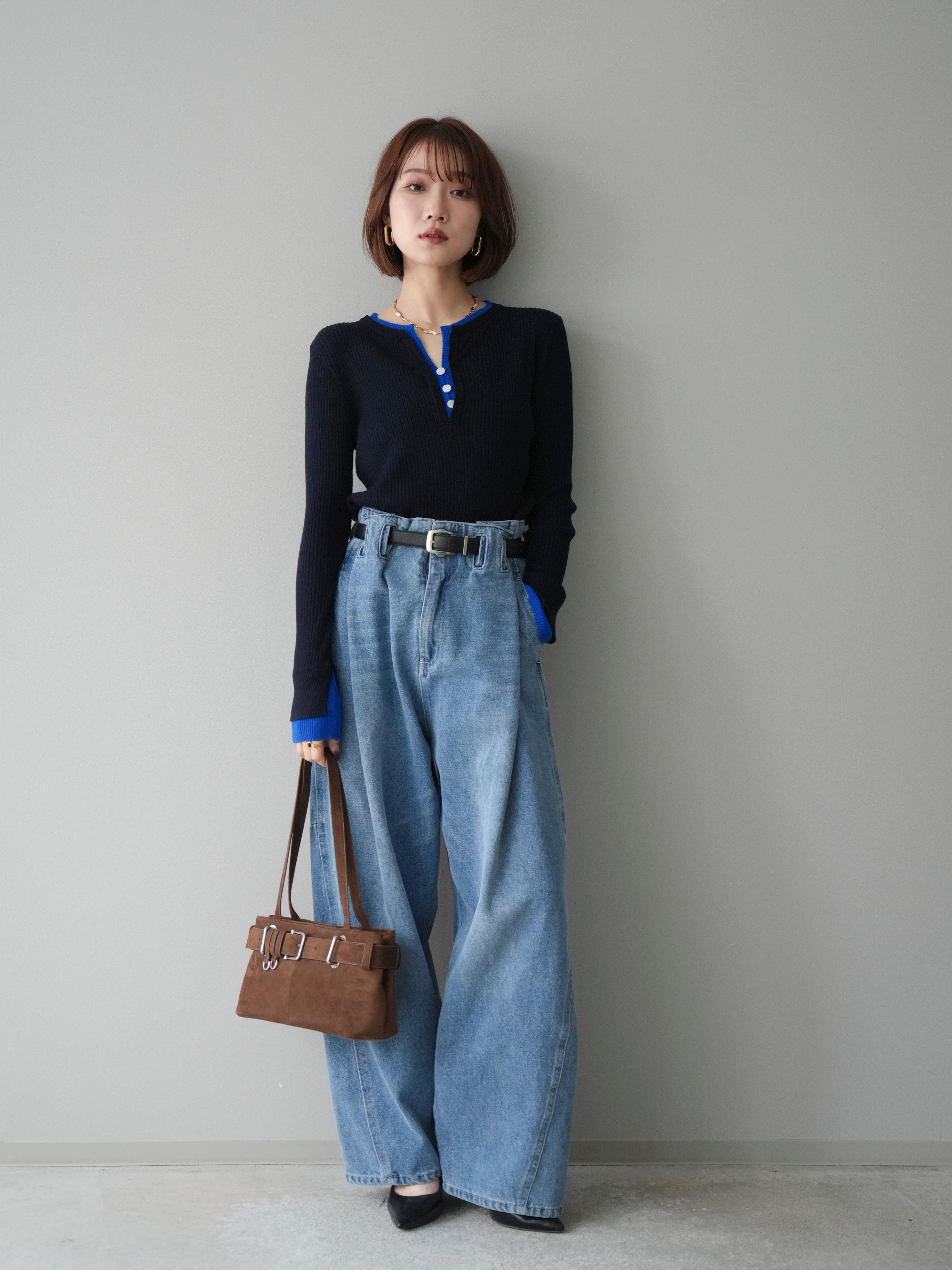 SET]バイカラーキーネックリブニットトップス+ハイウエストベルト