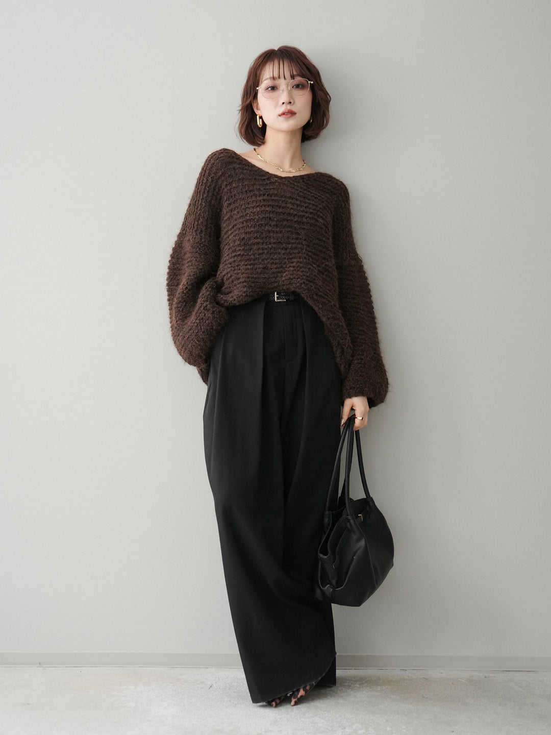 [SET]ワッフル編みシャギーニットプルオーバー+ベルトループデザインワイドパンツ(2set)