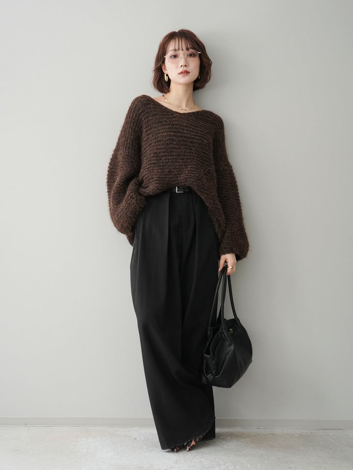 [SET]ワッフル編みシャギーニットプルオーバー+ベルトループデザインワイドパンツ(2set)