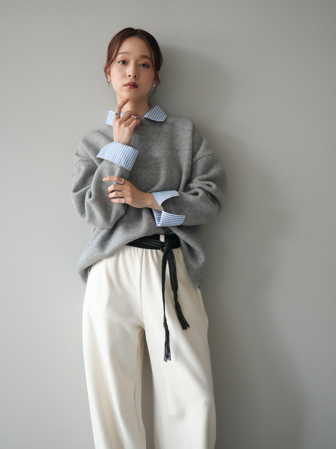 [SET]2WAYストライプ襟ニットプルオーバー+2WAYストライプ襟ニットプルオーバー(2set)