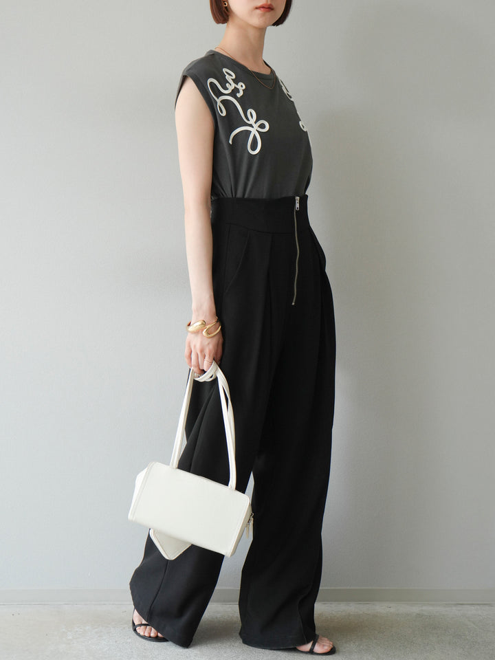 [SET]コード刺繍フレンチスリーブTシャツ+ジップタックワイドパンツ(2set)