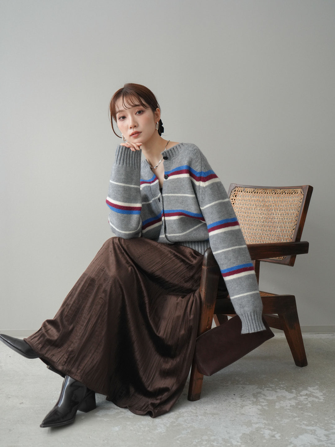 [予約]ランダムボーダーニットカーディガン/gray