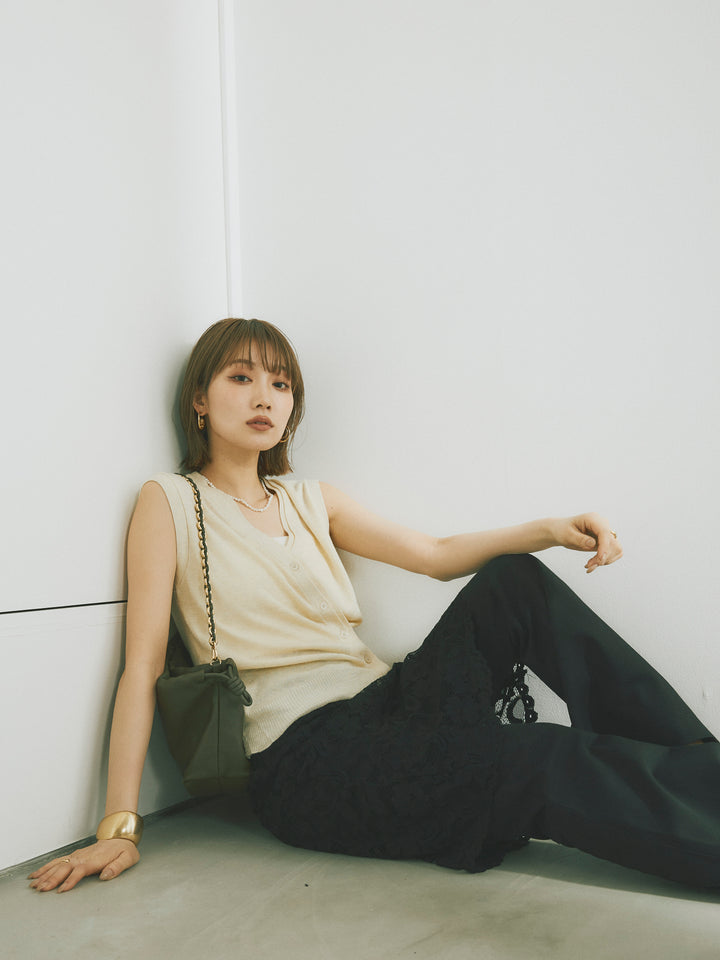 [SET]2WAYデザインニットベスト+レイヤードスカートセットフレアパンツ(2set)