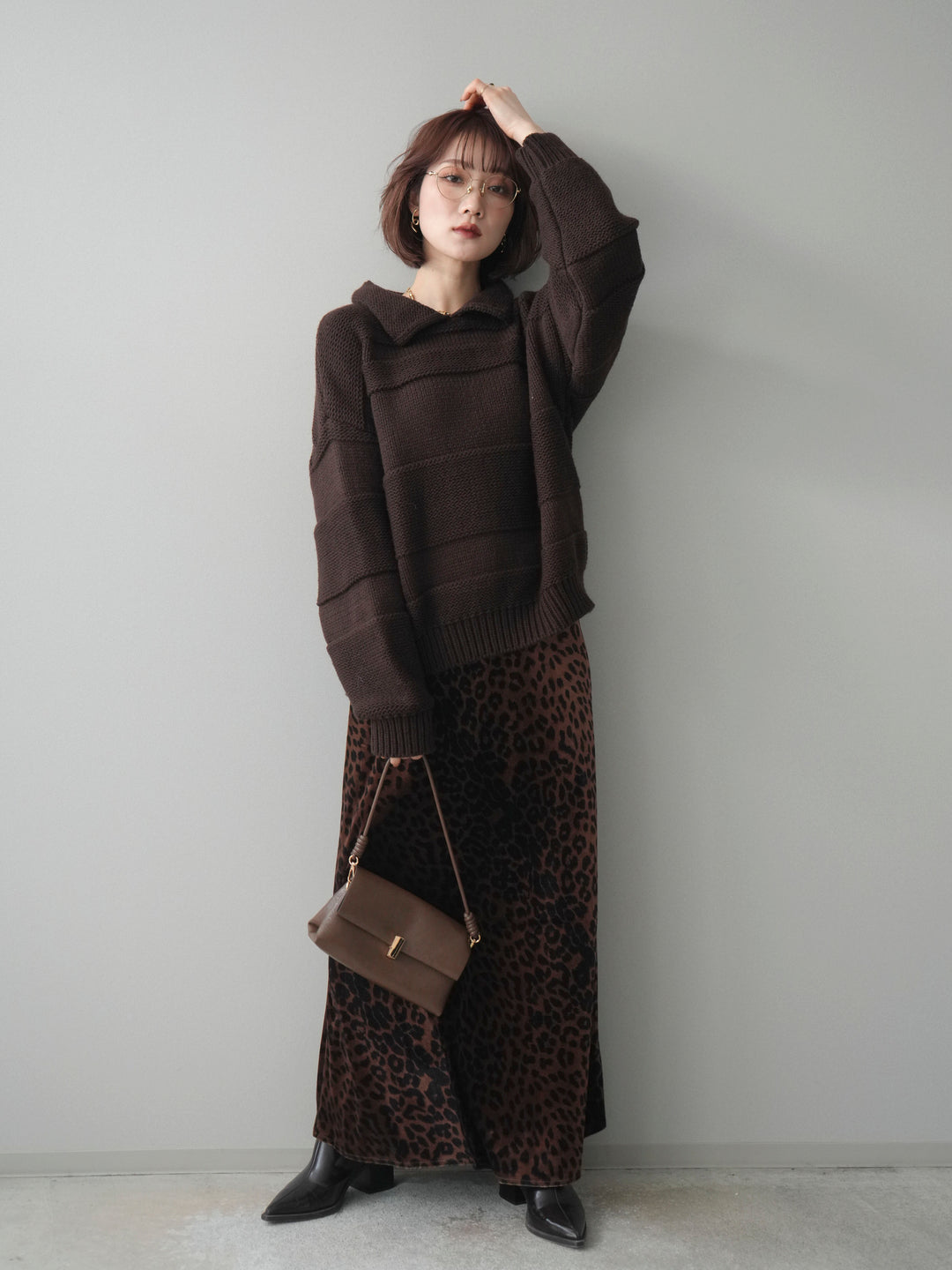 [予約]襟付きボーダー編みニットプルオーバー/brown