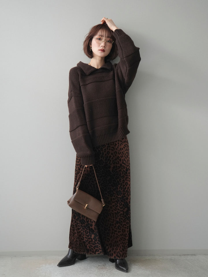 [予約]襟付きボーダー編みニットプルオーバー/brown