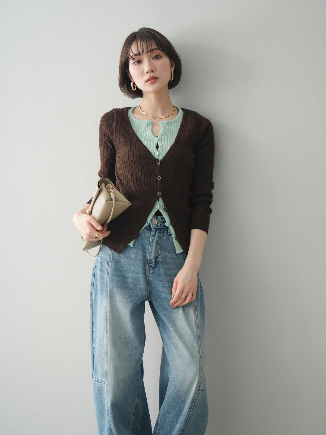 [予約]バイカラーレイヤードニットカーディガン/brown