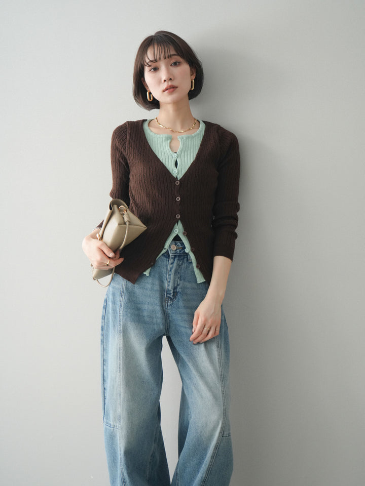 [予約]バイカラーレイヤードニットカーディガン/brown