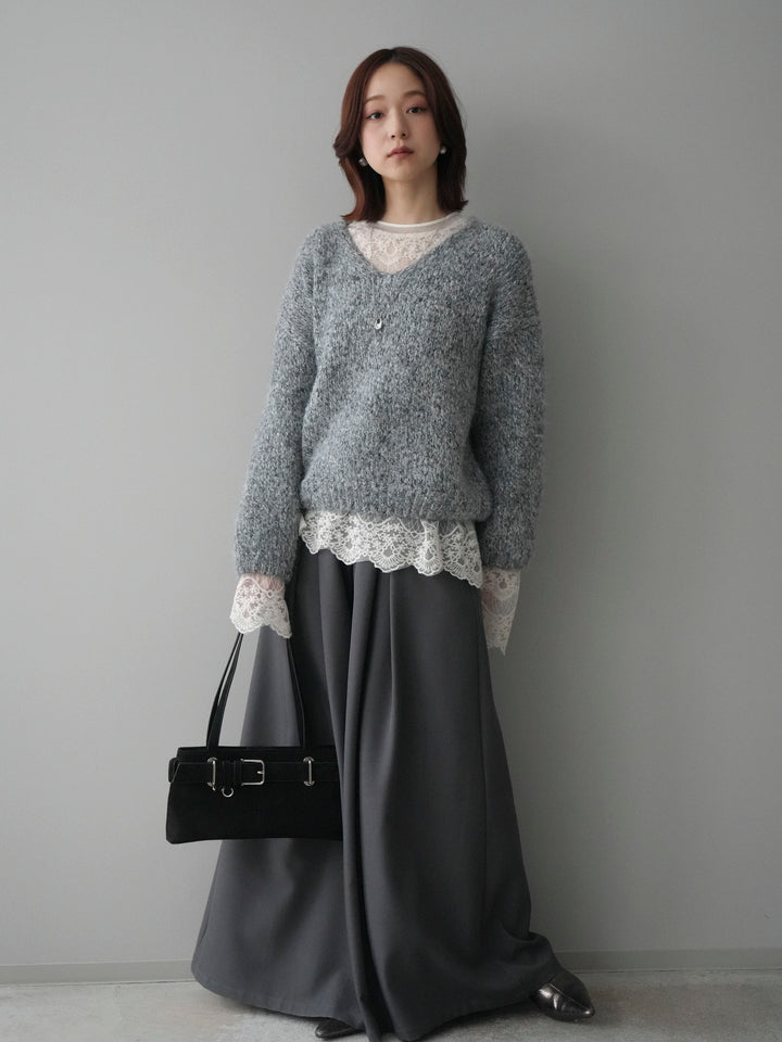 [SET]Vネックミックスヤーンニットプルオーバー+チュールレーストップス+テープベルトタックバギーパンツ(3set)