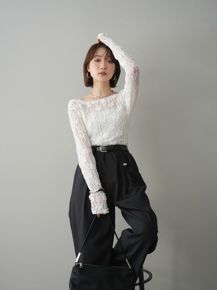 [SET]サイドギャザーレーストップス+ベルト付キーホルダーモチーフワイドパンツ(2set)