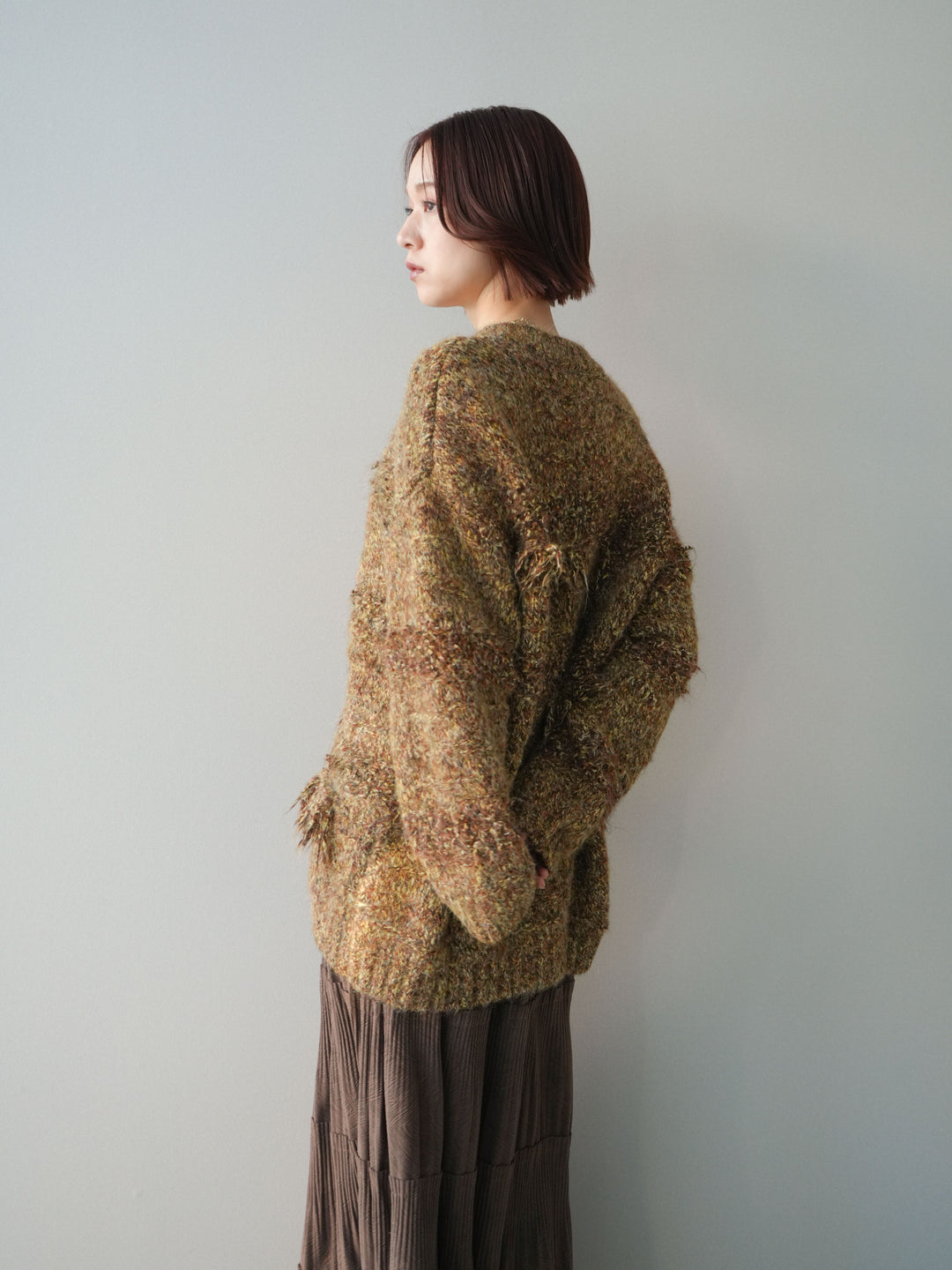 [SET]ミックスヤーンフリンジデザインニットジャケット+型押しスエードティアードプリーツスカート(2set)