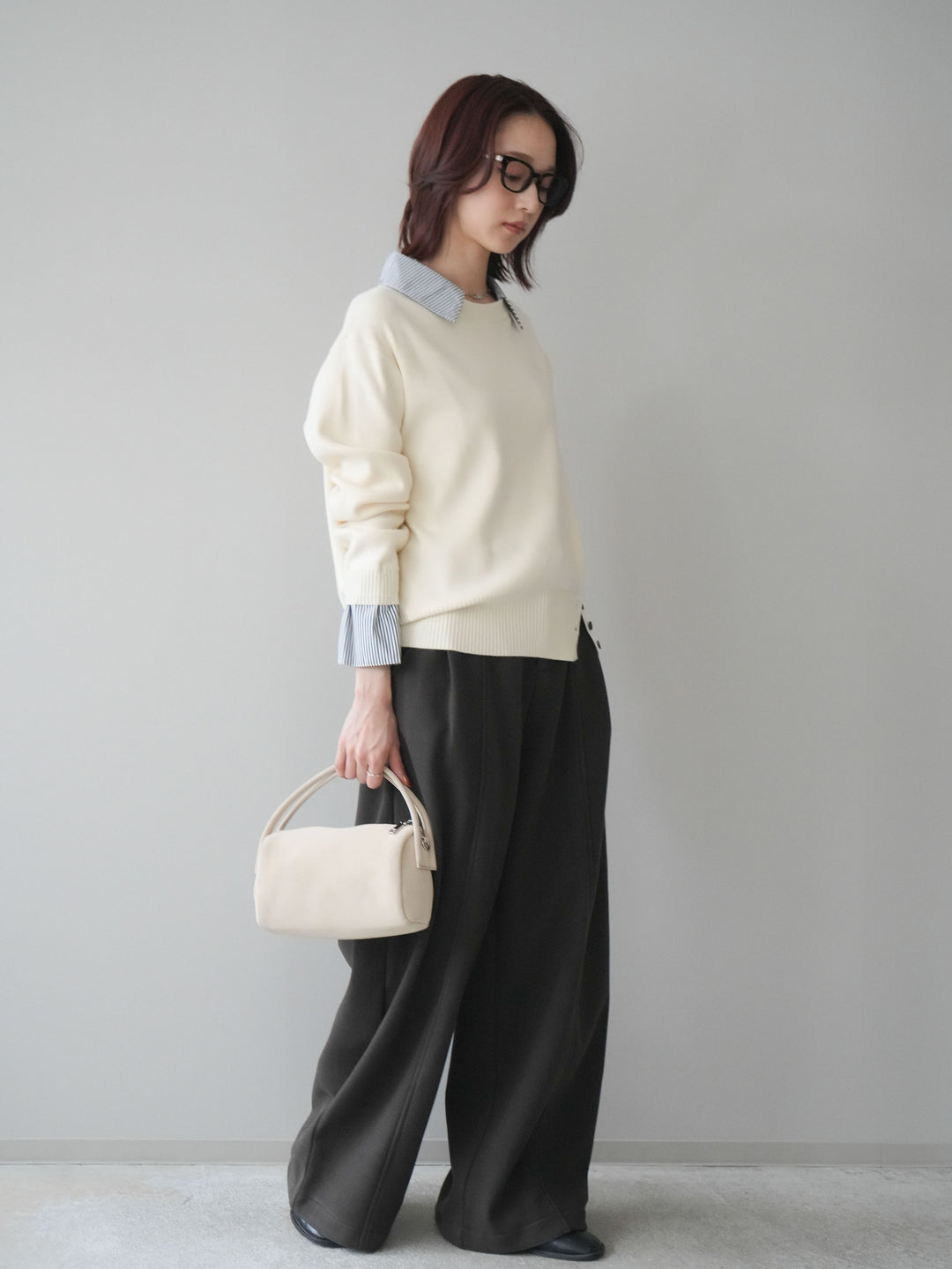 [予約]ベルト付き裏起毛ワイドパンツ/ brown