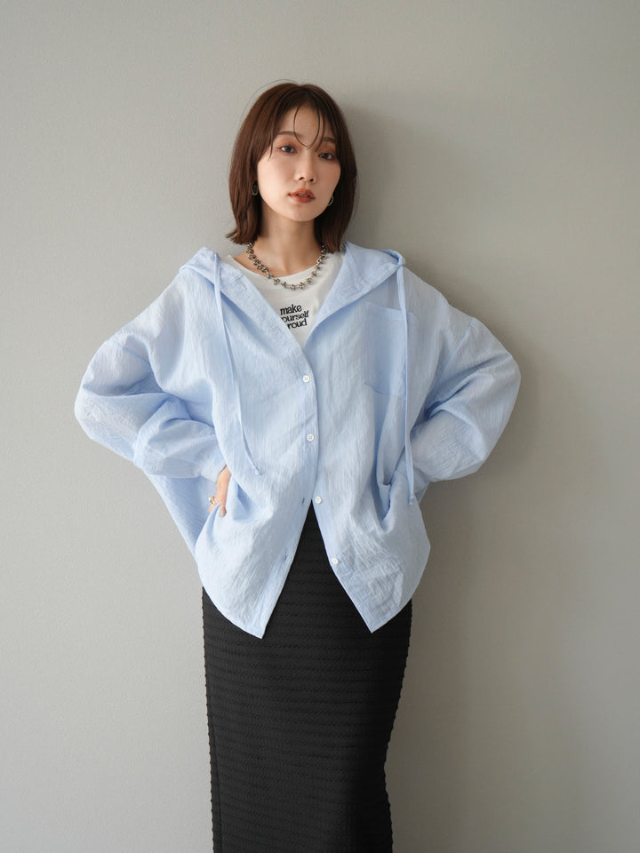 [予約]ワッシャーストライプフーディーシャツ/ブルー