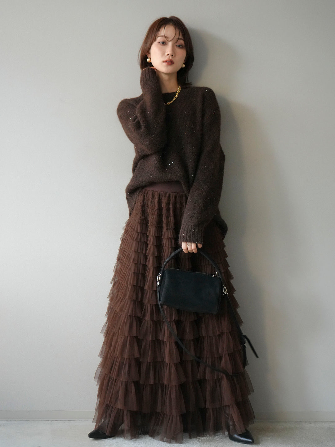 [予約]スパンコールニットプルオーバー/ブラウン