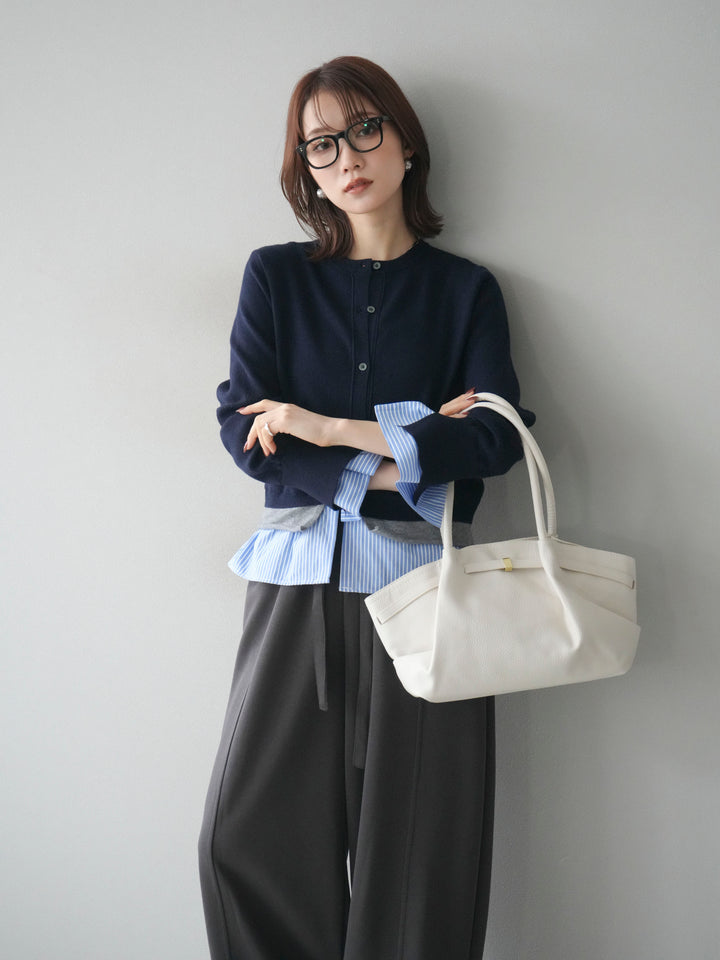 [SET]シャツ襟レイヤードニットカーディガン+ベルト付スウェットワイドパンツ(2set)