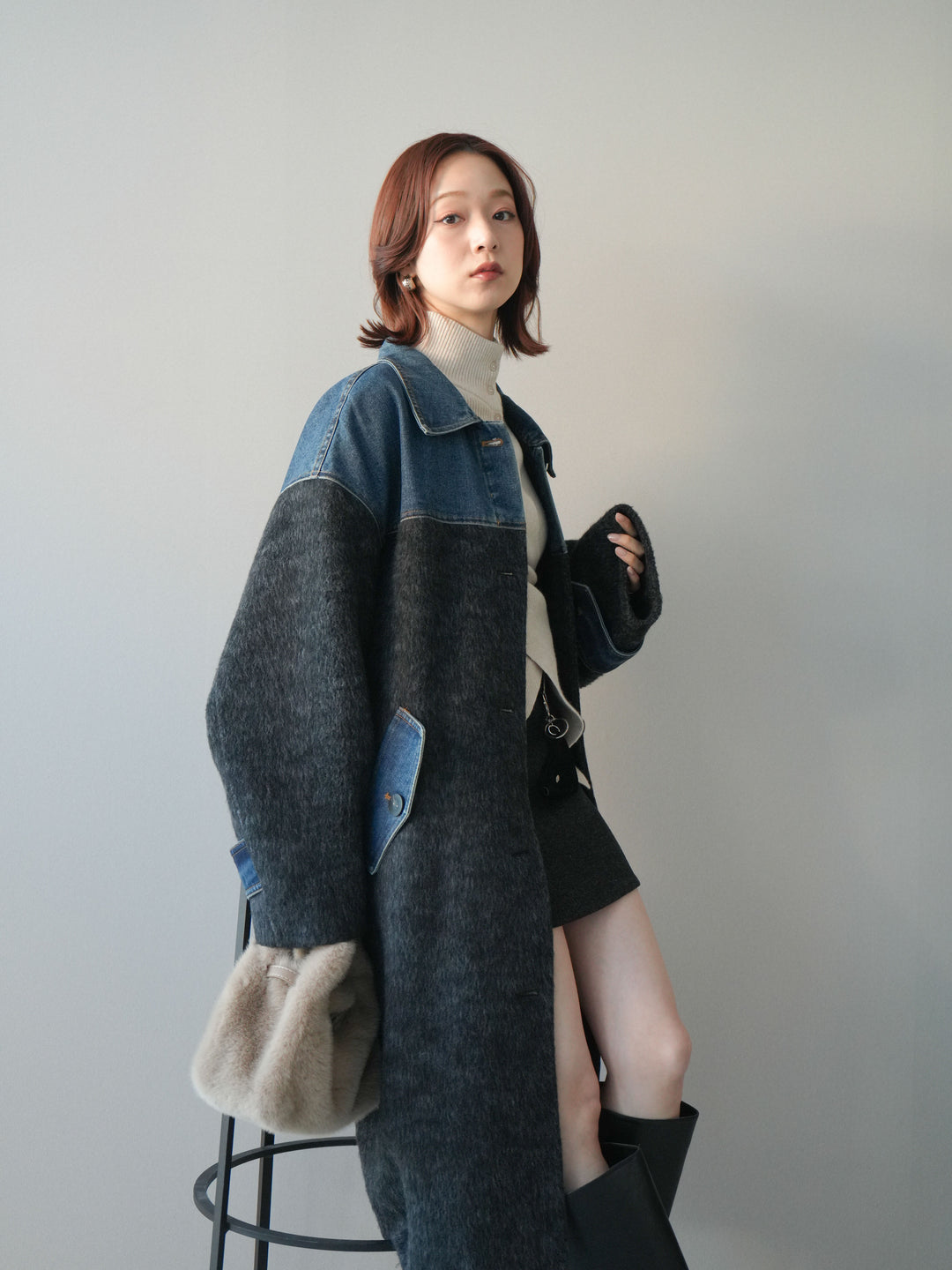 [SET]デニム切替シャギーステンカラーコート+ウールタッチベルト付ミニスカート(2set)