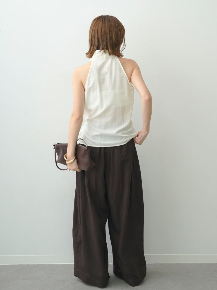 [SET]ゴールドモチーフカシュクールノースリトップス+フロントボタンタックワイドパンツ(2set)