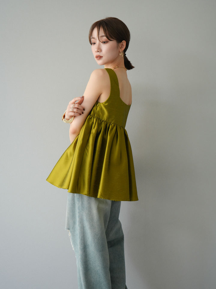 [予約]サテンフレアノースリーブトップス/グリーン