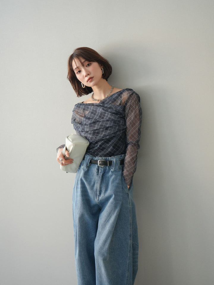 [予約]チュールバイアスチェックプリントタックネックトップス/navy