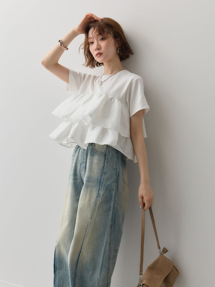 [SET]フリルティアードTEE+縦ウォッシュワイドデニムパンツ(2set)