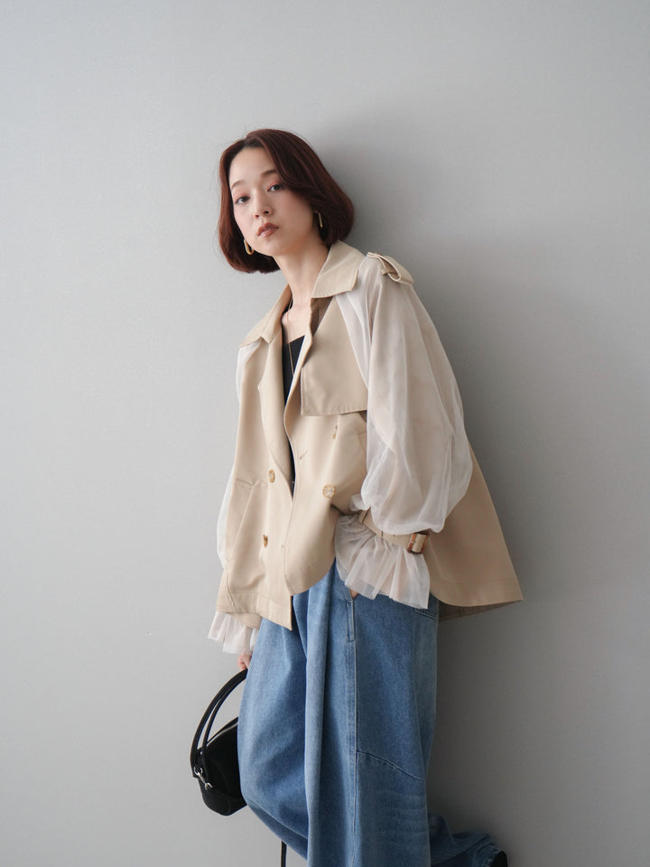 【預購】薄紗層疊蓬鬆袖短風衣/米色