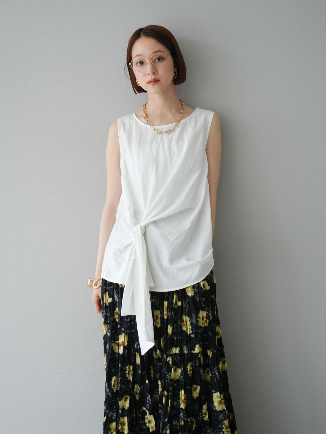 [SET]フロント巻きノースリーブブラウス+フラワーワッシャーロングスカート(2set)