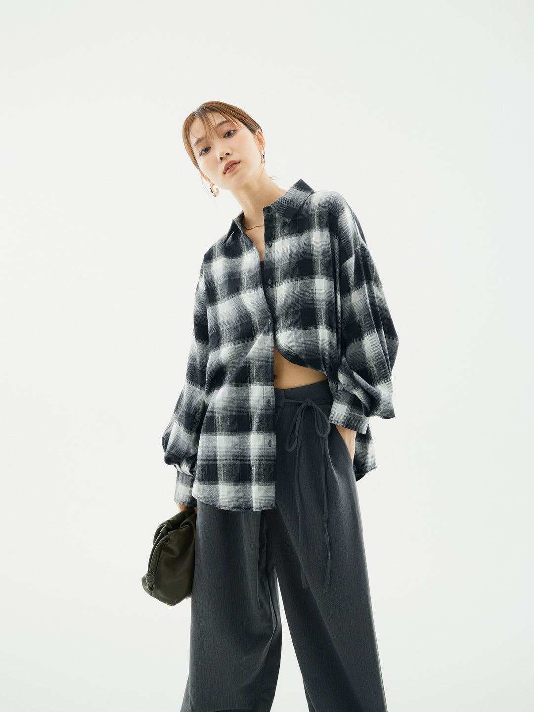 【Allure】[SET]オンブレチェックオーバーシャツ+ラップデザインタックワイドパンツ(2set)