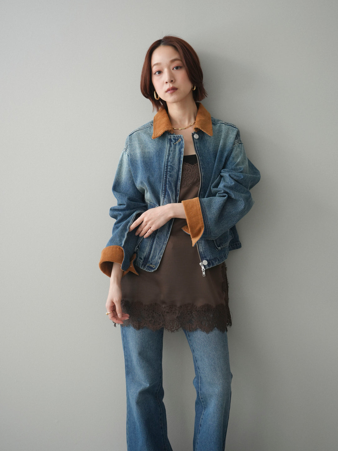 [予約]コーデュロイ×デニムショートカバーオール/blue