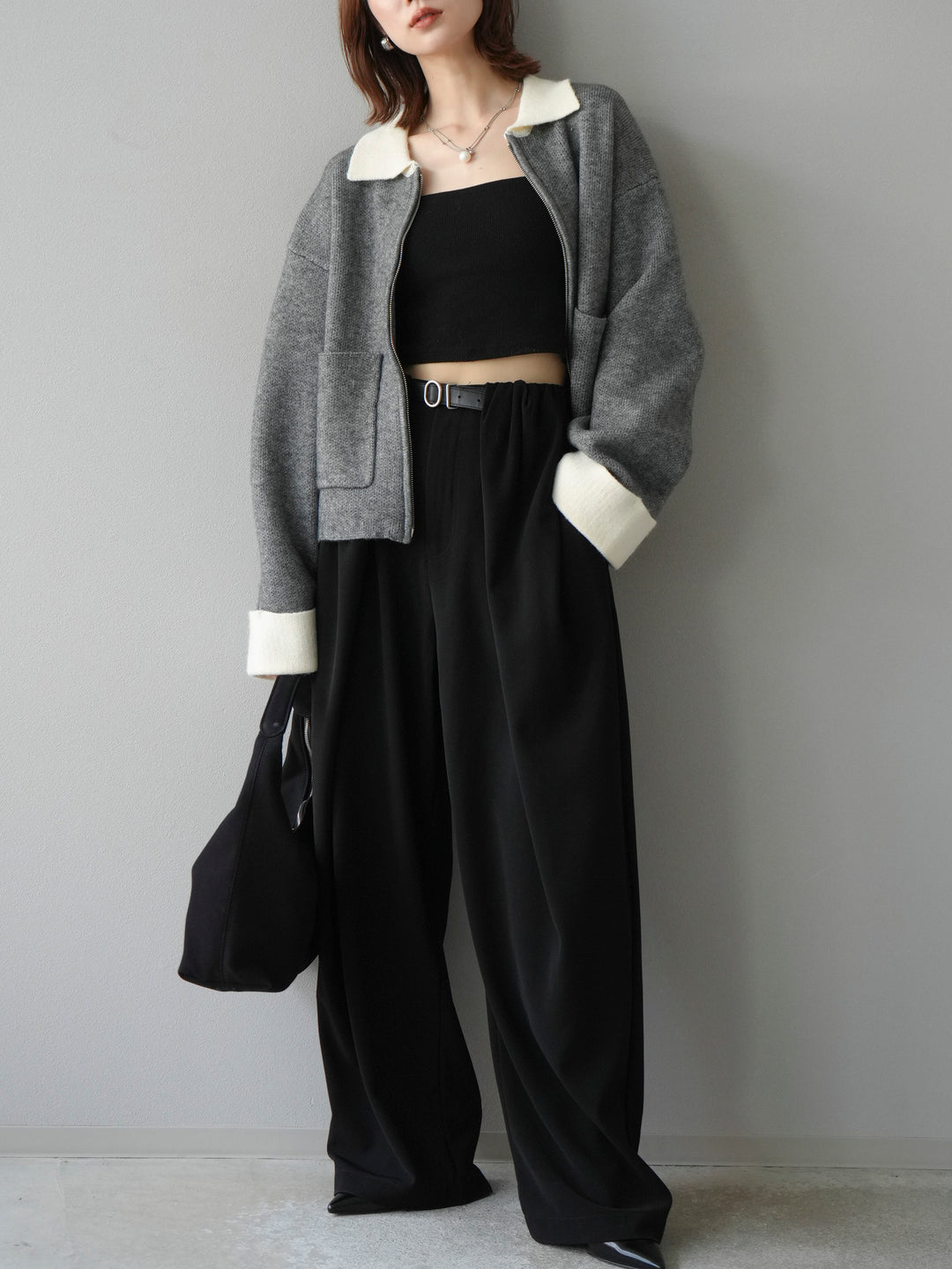 [予約]ポロ襟ジップニットカーディガン/チャコール