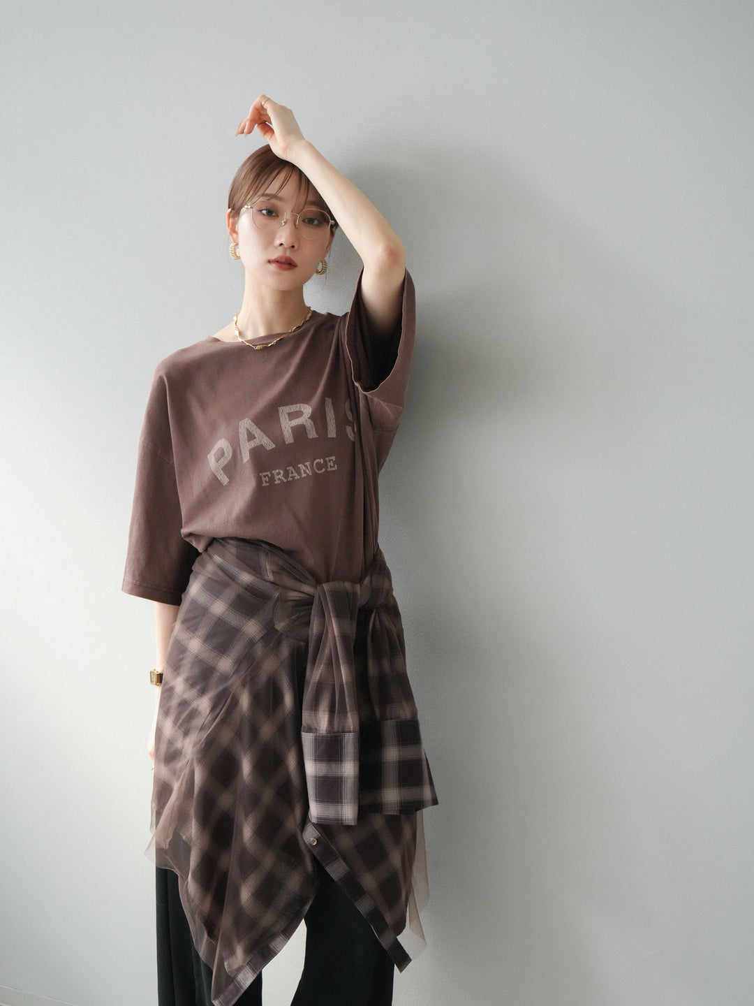 [SET]ピグメントロゴプリントTシャツ+2WAYデザインスウェットパンツ+チュールドッキングチェック柄オーバーサイズシャツ(3set)