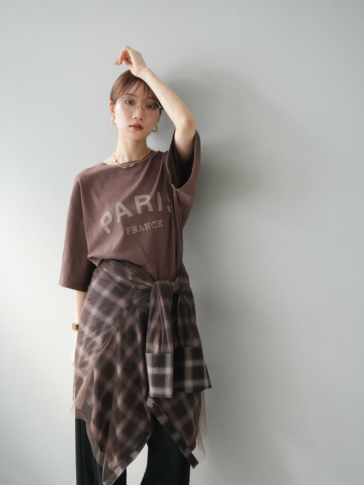 [SET]ピグメントロゴプリントTシャツ+2WAYデザインスウェットパンツ+チュールドッキングチェック柄オーバーサイズシャツ(3set)