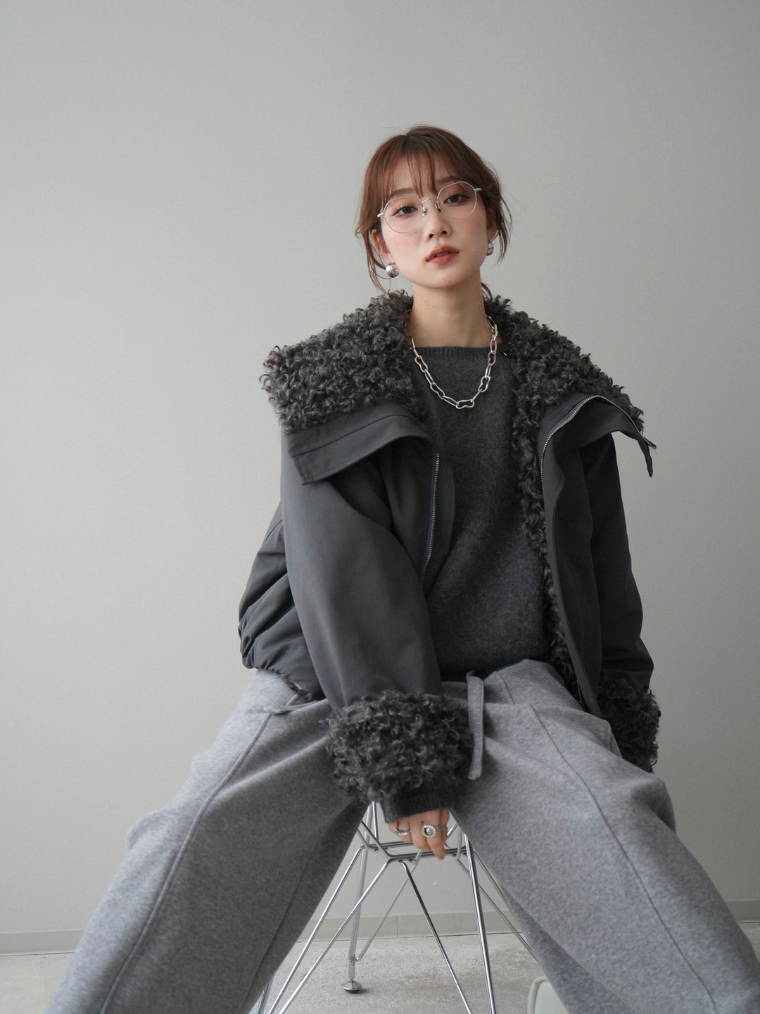 [SET]プードルファーダウンジャケット+アンゴラタッチボートネッククロップドプルオーバー(2set)