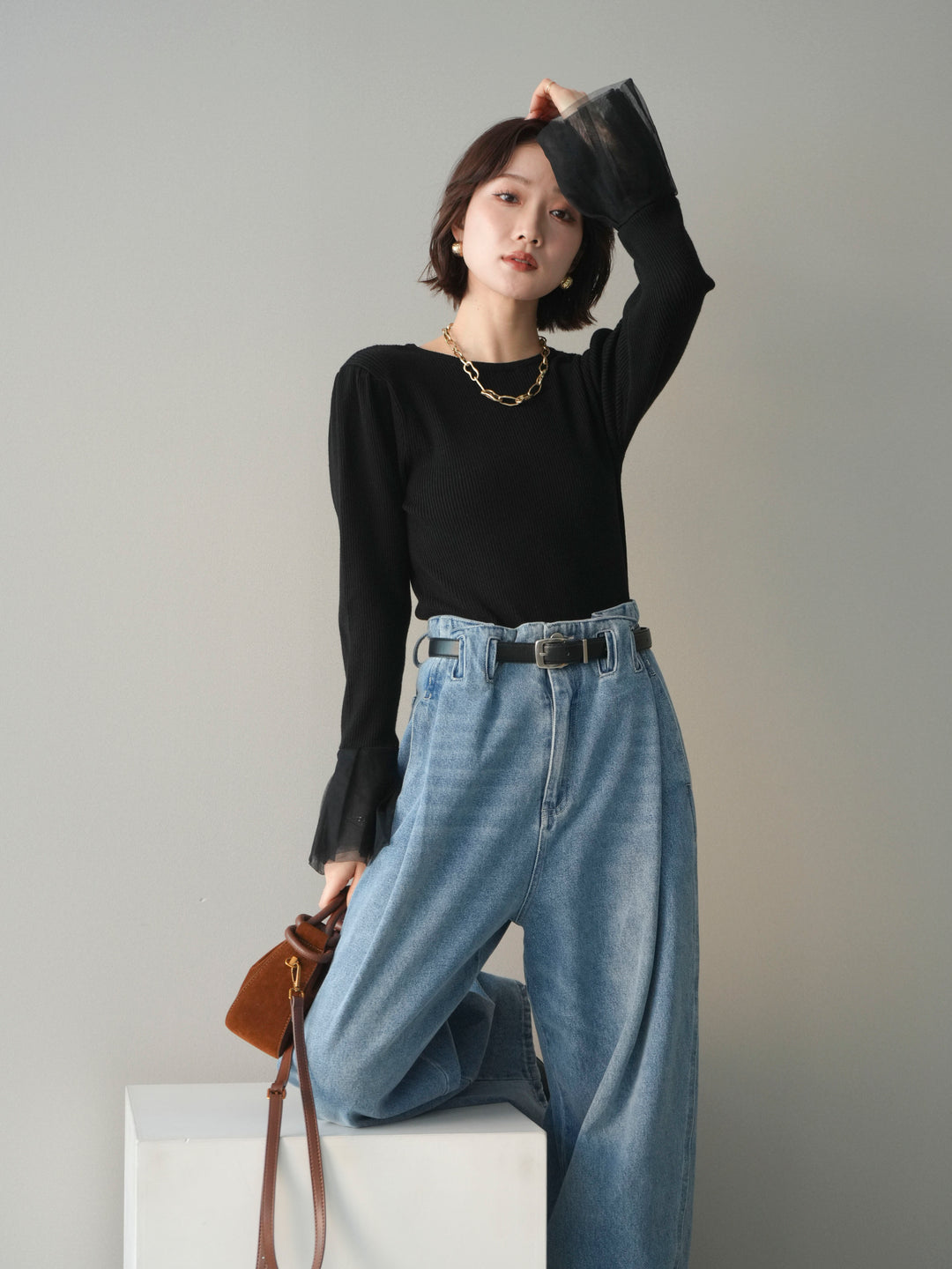 [SET]袖チュールパワショルリブニットトップス+選べるアクセセット(2set)