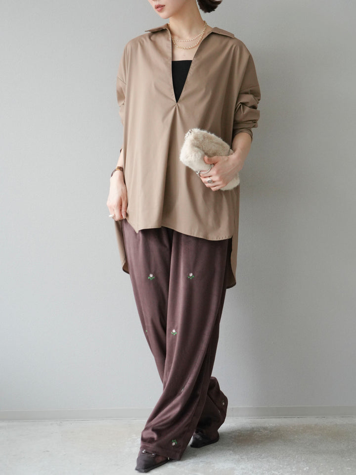 [予約]フラワー刺繍イージーパンツ/ブラウン