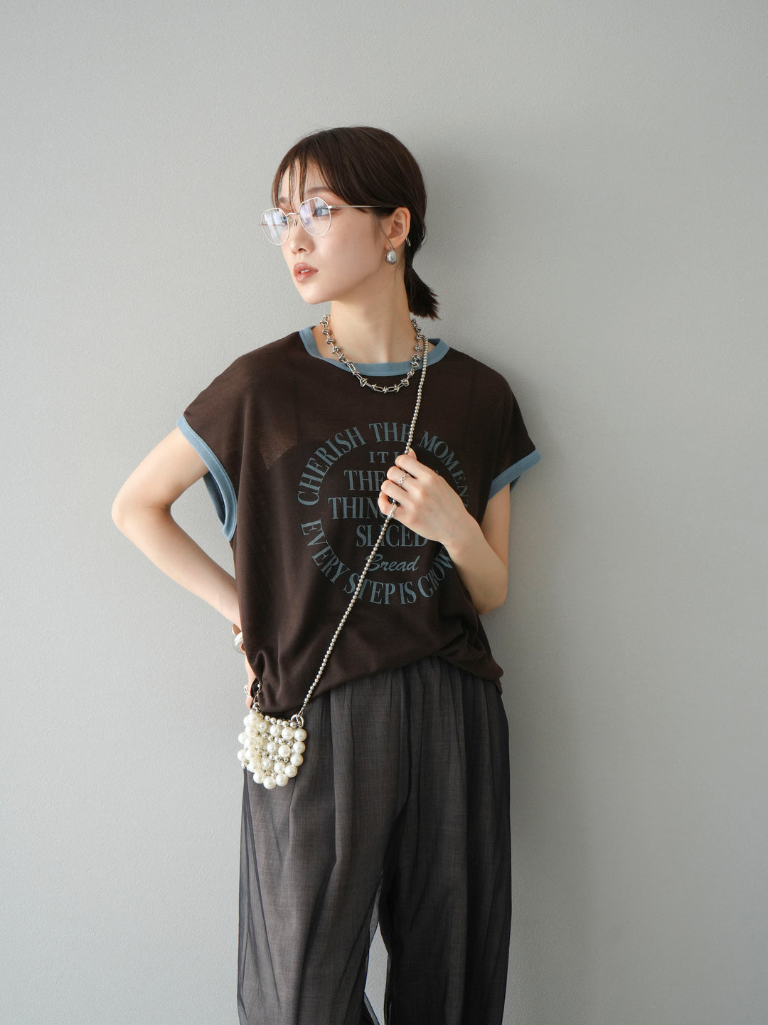 [SET]シアーフライス ロゴプリントT +コード刺繍チュールレイヤードパンツ(2set)