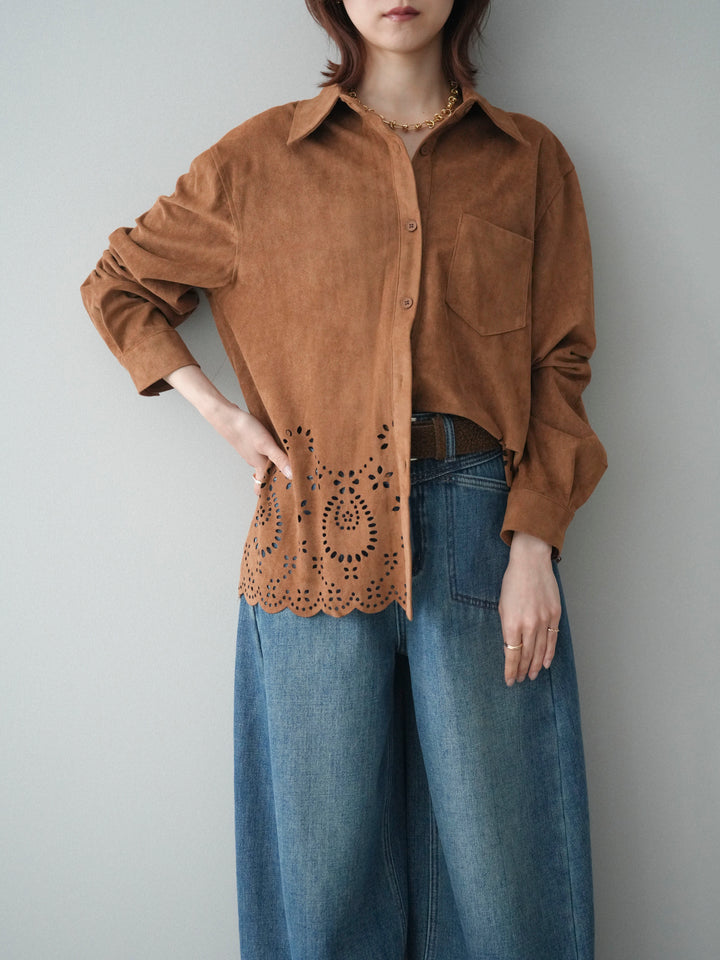 [SET]裾スカラップスエードシャツ+ベルト付裏起毛カーブデニムパンツ(2set)