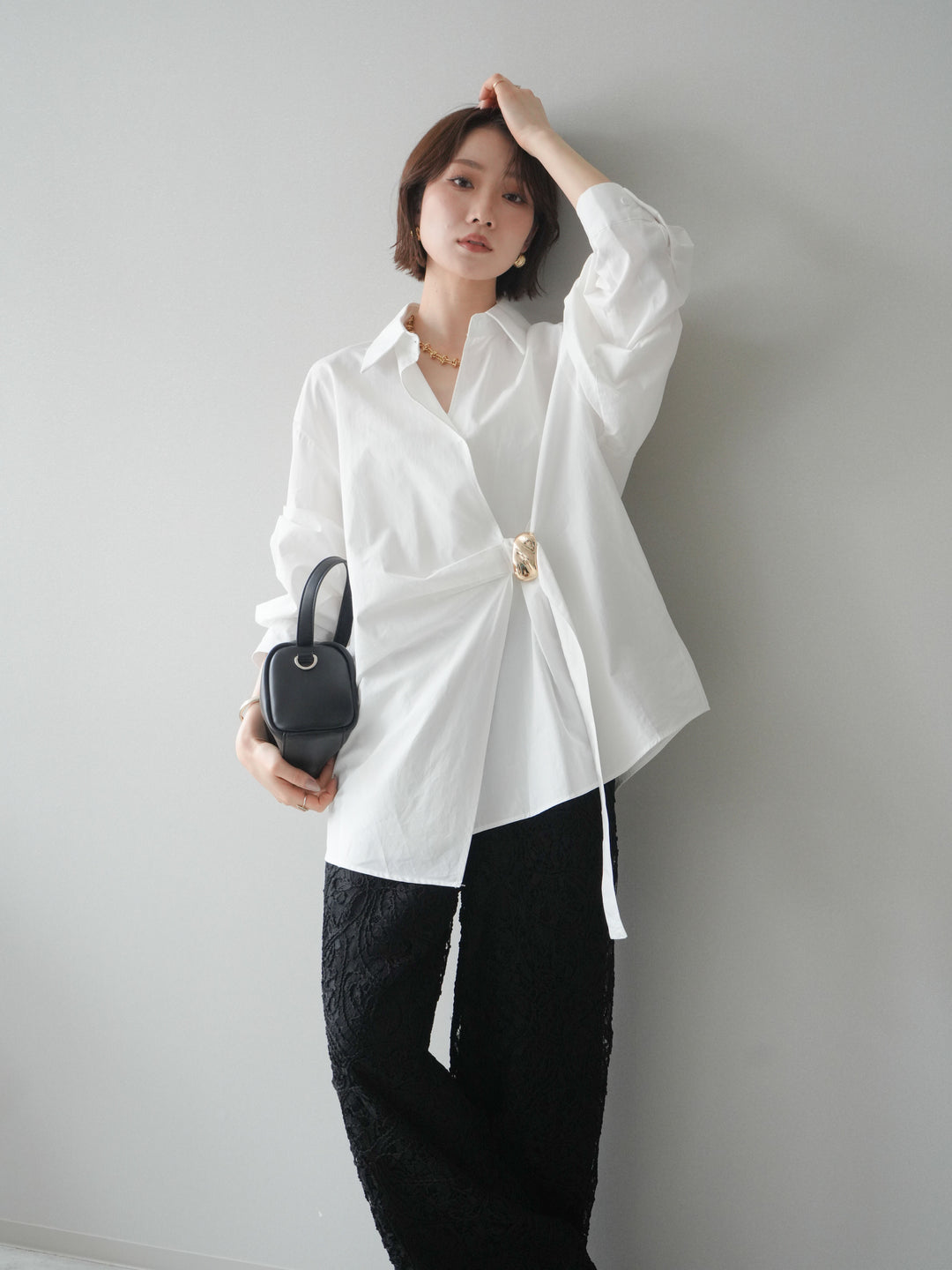 [SET]メタルパーツドレープシャツ+シアーコードレースイージーパンツ(2set)