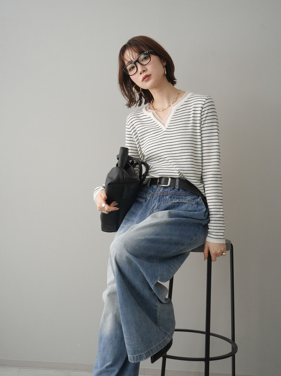 [SET]チュールレイヤードデザインボーダーニットトップス+選べるアクセセット(2set)