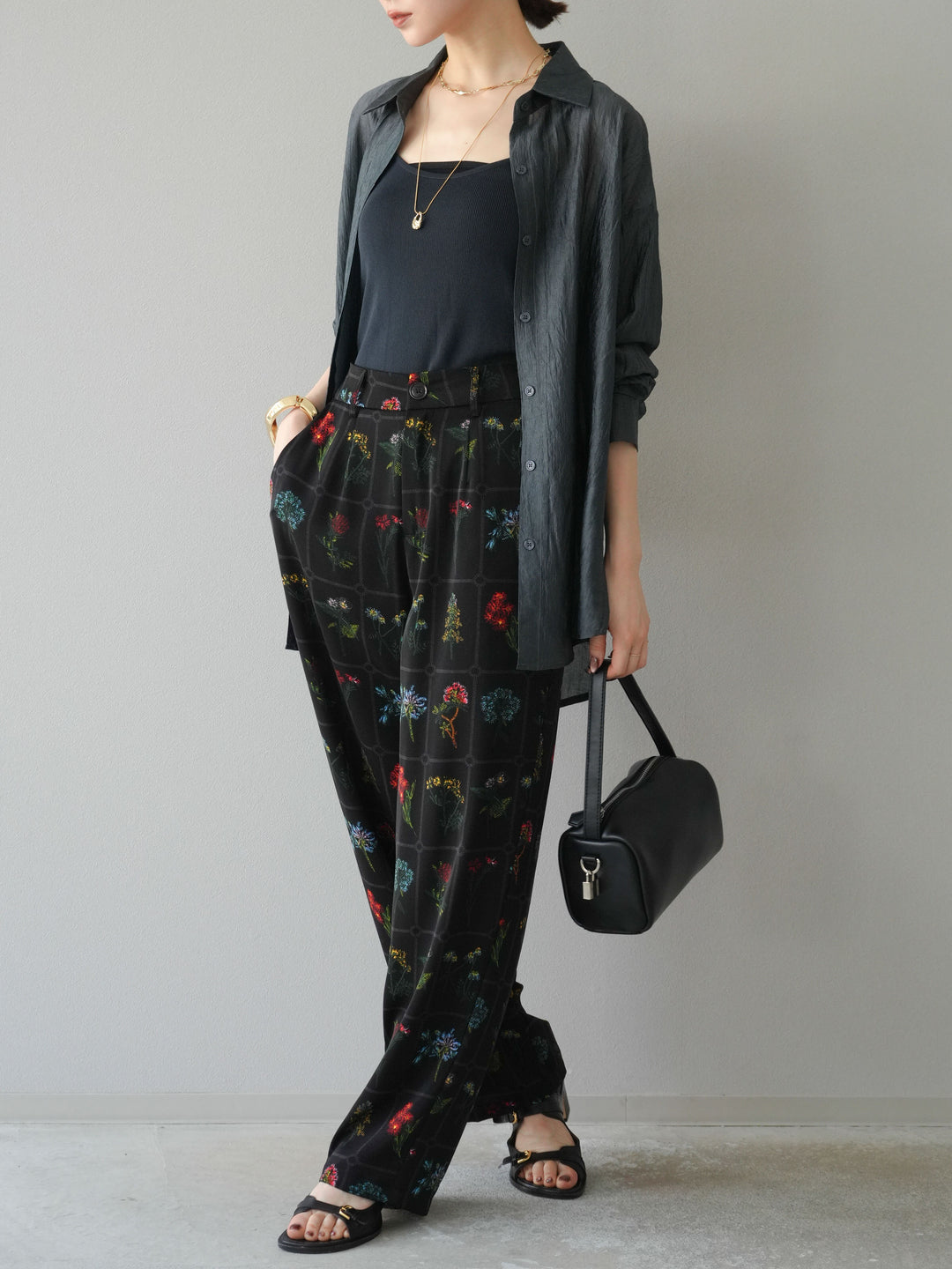 [予約]パッチワークフラワープリントイージーパンツ/ブラック