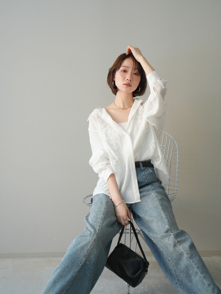 [SET]楊柳刺繍ブラウス+フロントビジューカーブデニムパンツ(2set)