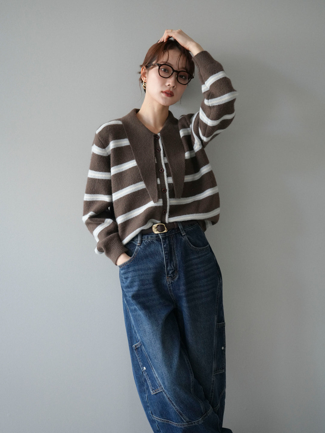 [予約]ボウタイボーダーニットカーディガン/brown