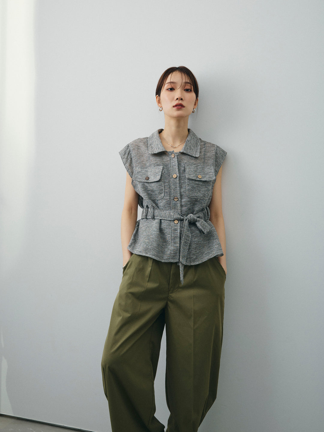 [SET]ミックスヤーンメッシュブラウス+コクーンワイドチノパンツ(2set)