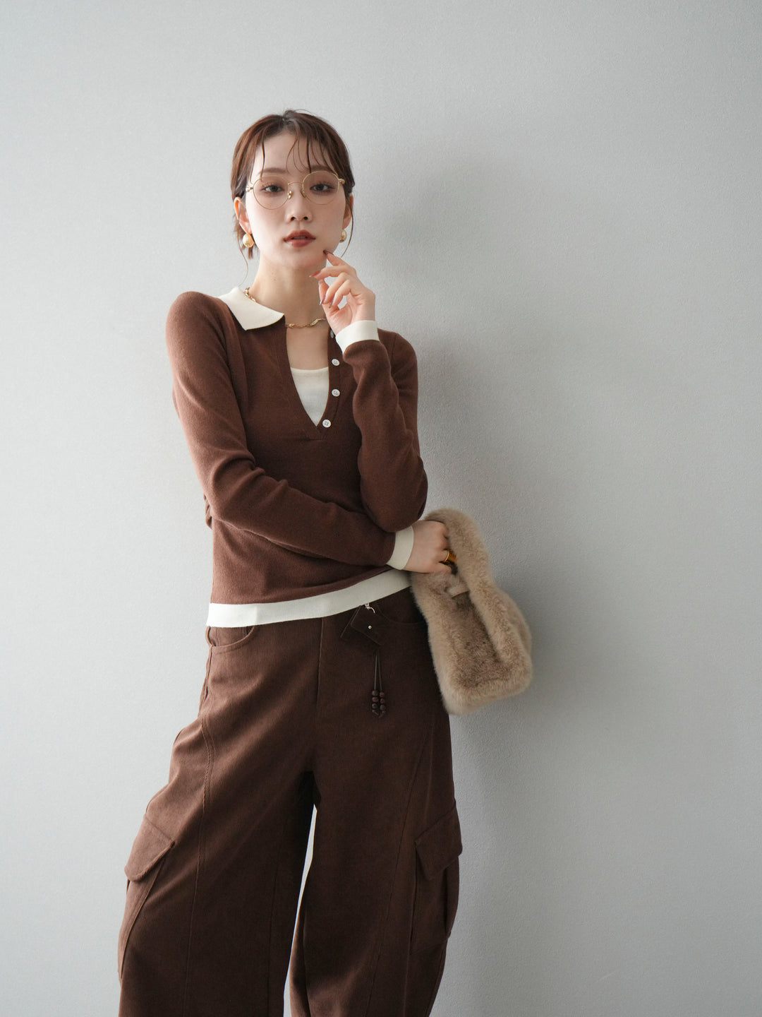 [予約]レイヤード配色ポロニットトップス/brown