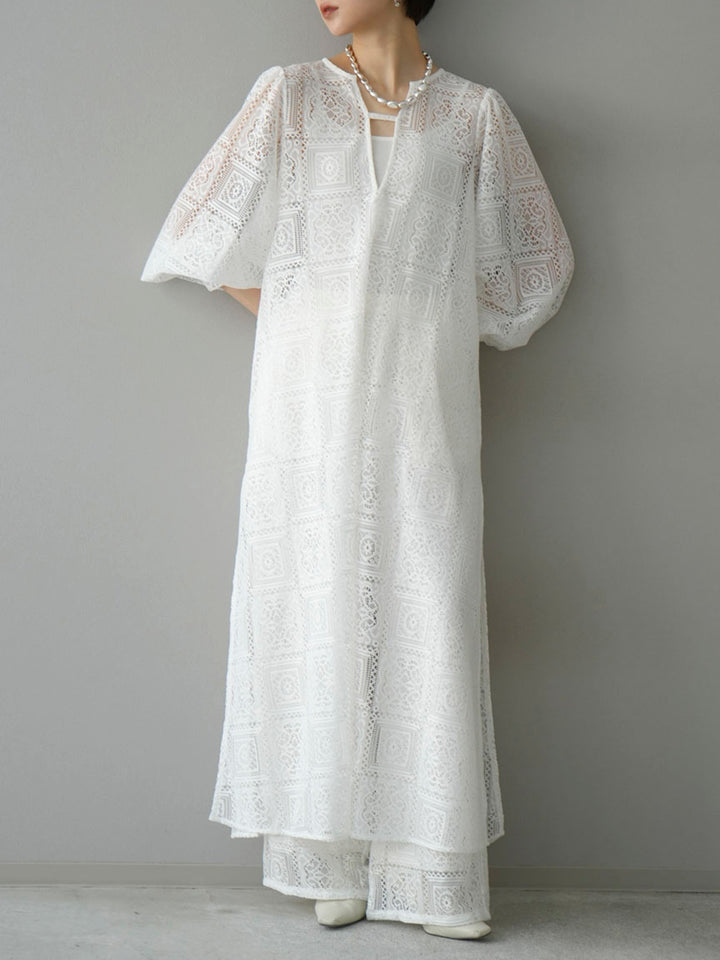 [Pre-order] Block Lace Volume Sleeve Dress/White